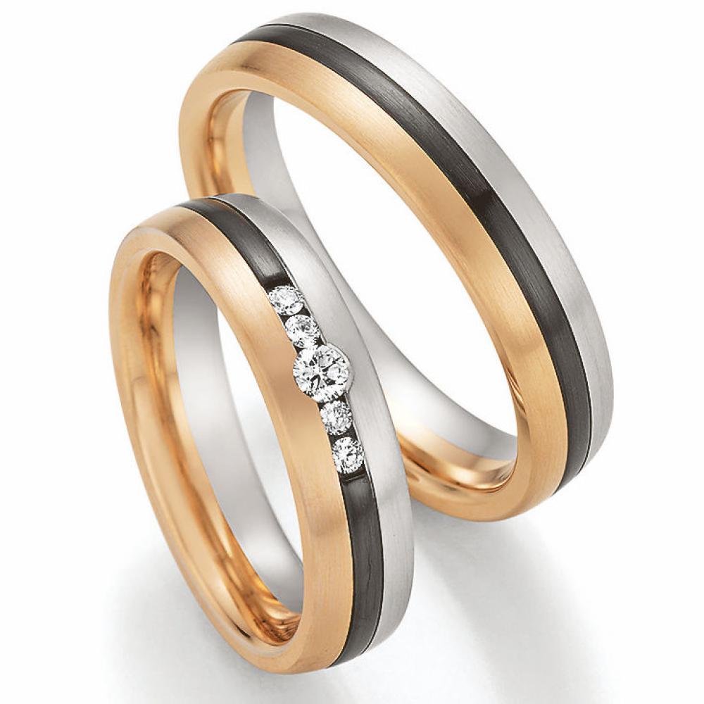 Preview: Bicolor Trauringe Black & Gold – Weißgold, Rotgold & schwarzes Zirconium mit 0,130 ct Brillanten