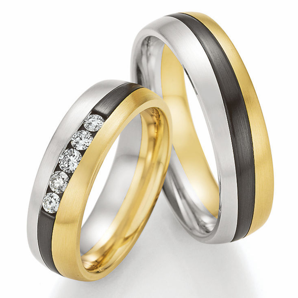 Preview: Bicolor Trauringe Black & Gold – Weißgold, Gelbgold & schwarzes Zirconium mit 0,230 ct Brillanten