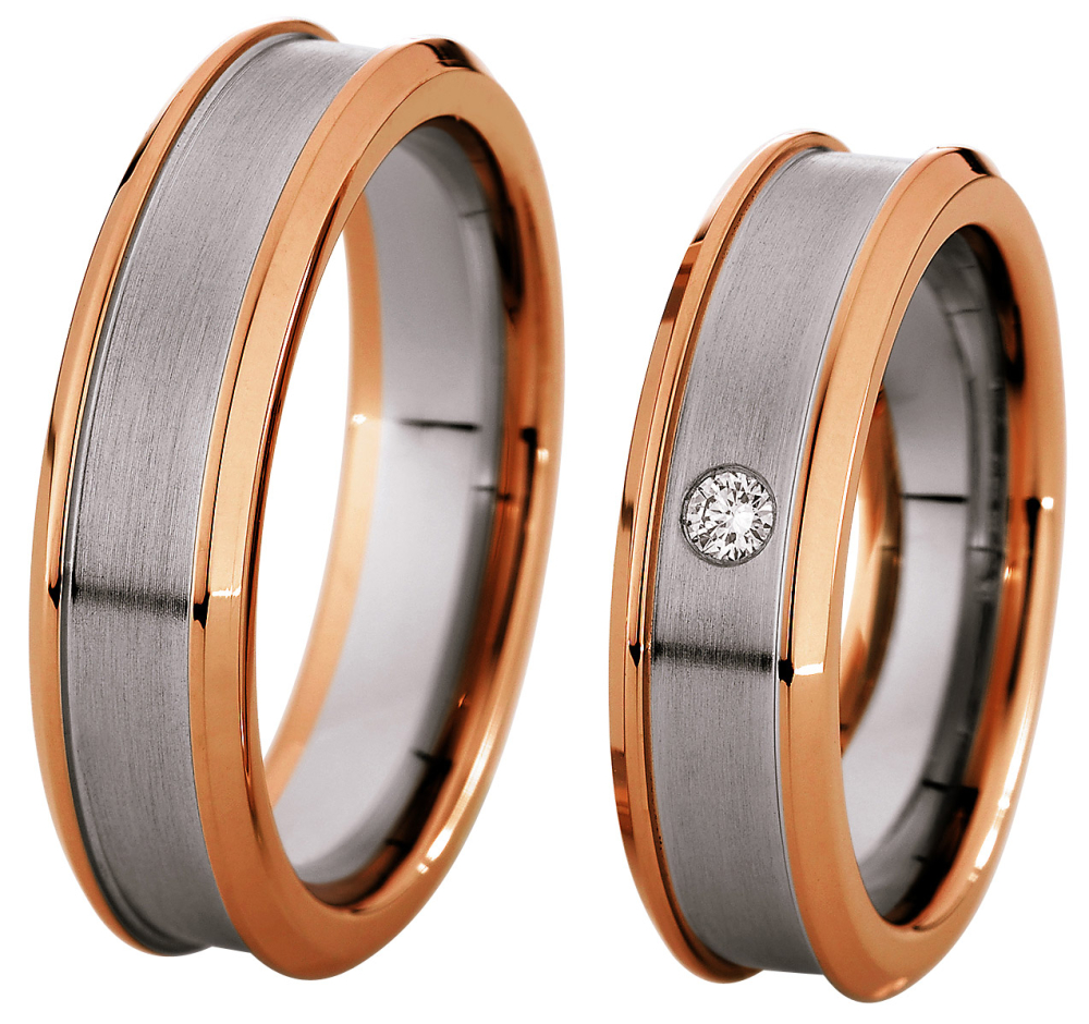 Preview: Moderne Trauringe aus Edelstahl und 585 Rotgold P5118551