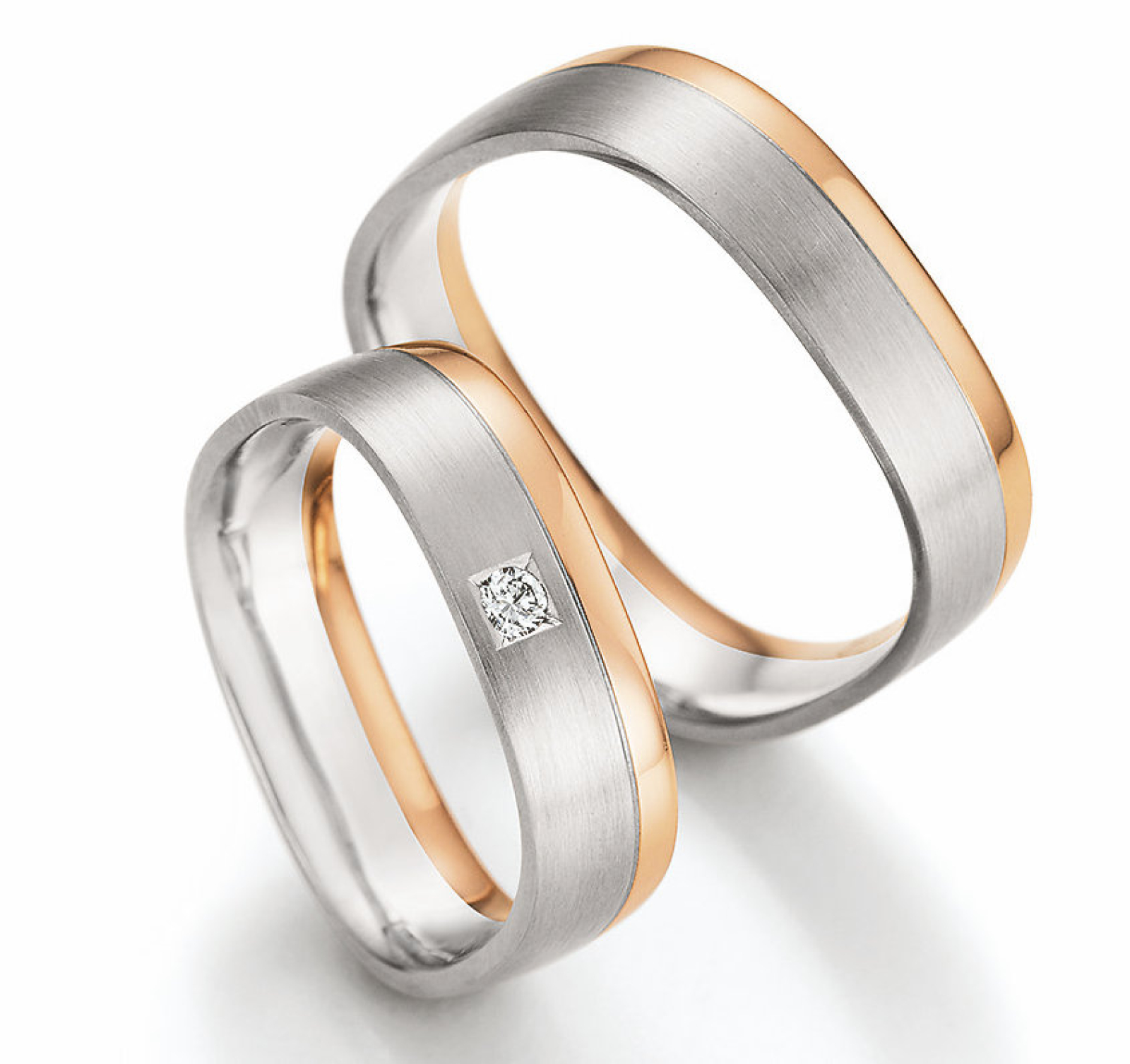 Quadratische Eheringe – 585 Weißgold & Rotgold mit 0,060 ct Brillanten