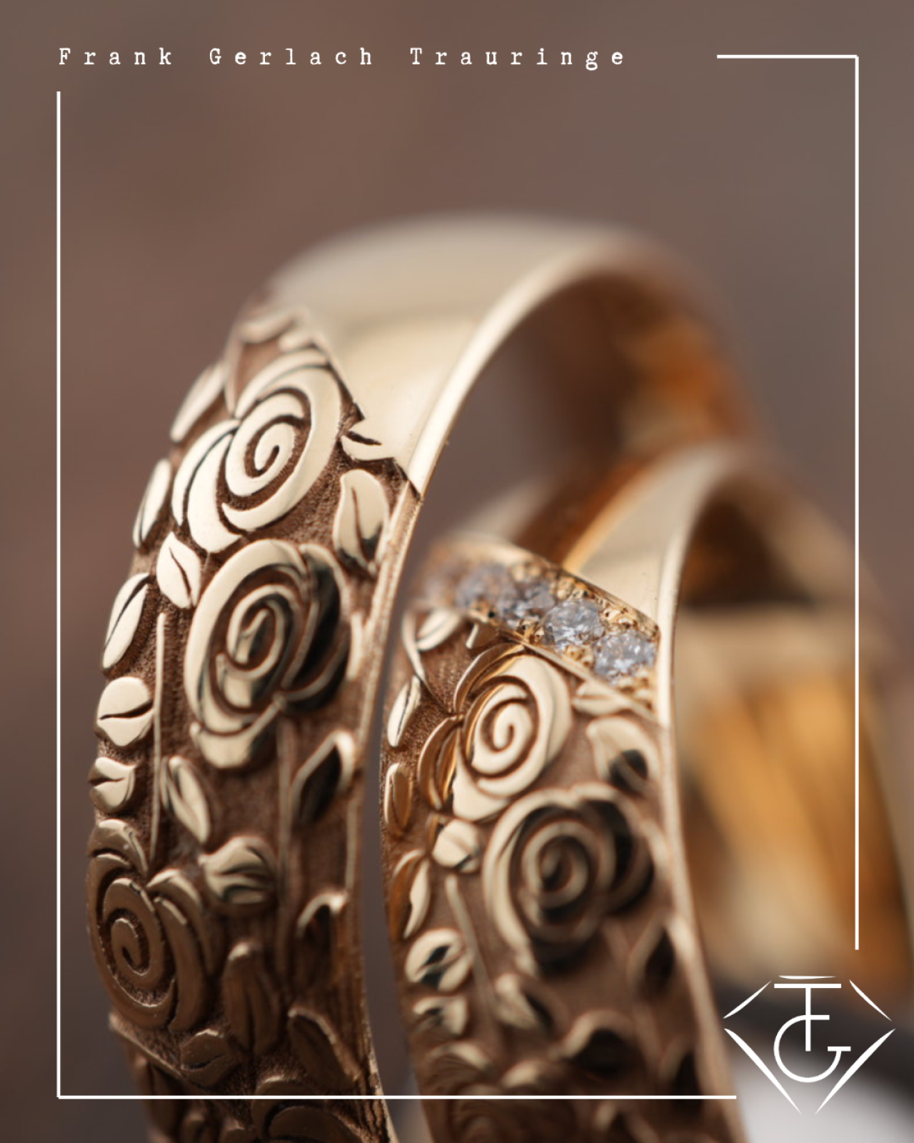 Besondere Trauringe aus 375 Apricotgold – mit Rosenmuster & Brillanten