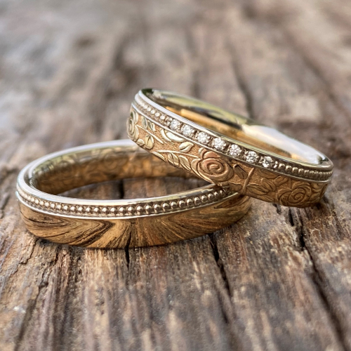 Schmale Apricotgold und Graugold Rosenringe mit Millgriff