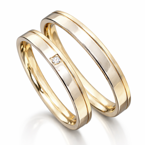 Trauringe aus 585 Caramelgold mit Glanzrille, polierter Oberfläche und Brillant